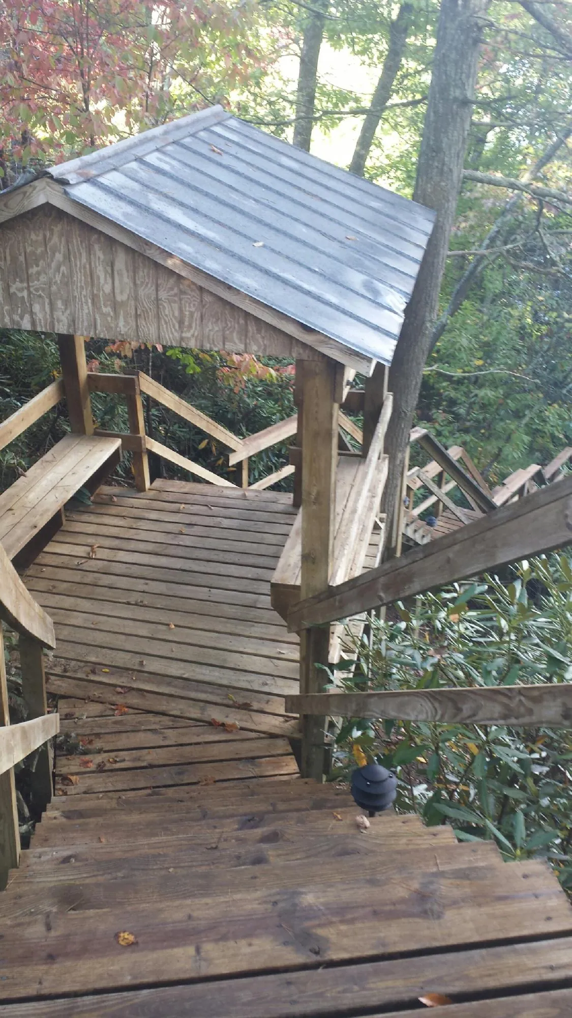 Metal roofed shelter over wooden steps on a wooded walkway — Skylight Repair & Installation work by our crew in Centerview